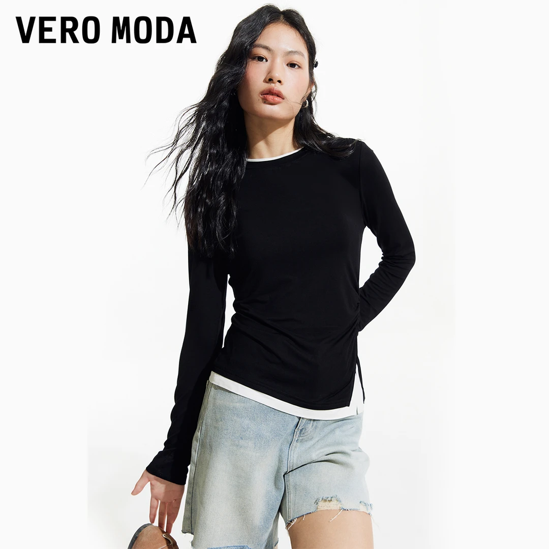 《李易行》Vero Moda雅丹风T恤假两件抽褶长袖324302008