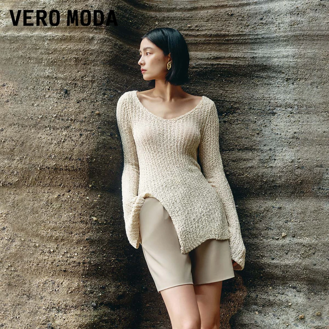 Vero Moda针织衫女喇叭袖开叉镂空洋气小众百搭流光风324324002