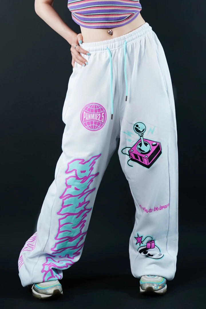 PANMIE25原创涂鸦印花宽松爵士舞街舞休闲运动百搭束脚白卫裤
