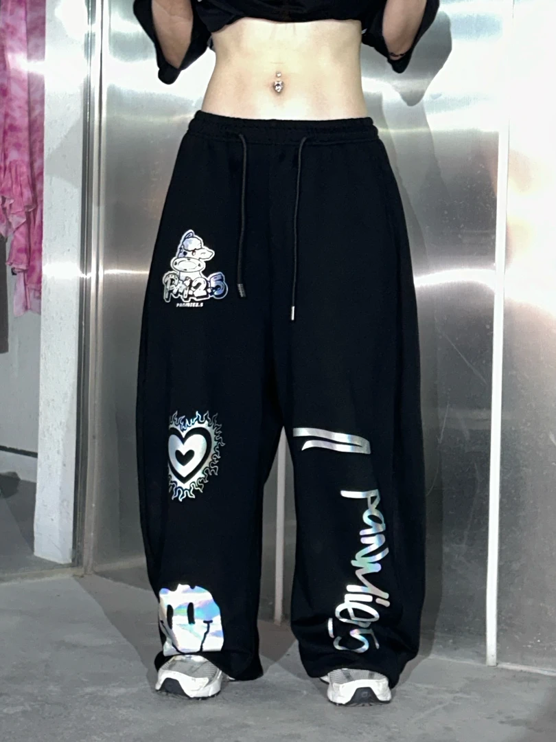 PANMIE25原创反光多印花涂鸦美式宽松街舞运动裤黑白卫裤