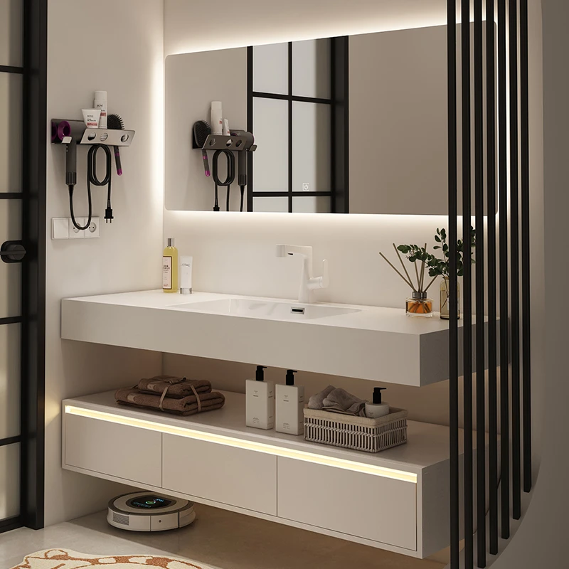 轻奢浴室柜岩板无缝陶瓷盆现代简约卫生间洗漱台洗手洗脸盆柜组合