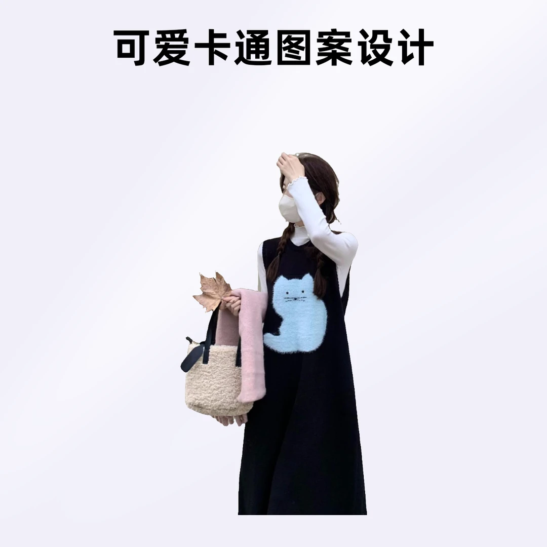 韩版手绘猫咪提花针织背心连衣裙女甜美可爱小个子减龄无袖毛衣裙