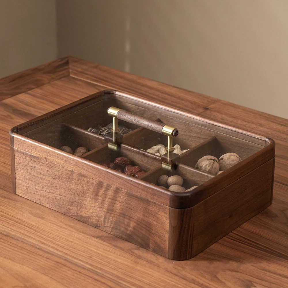 黑胡桃六格玻璃盖干果盒新中式提把零食收纳盒创意盒家庭装饰摆件