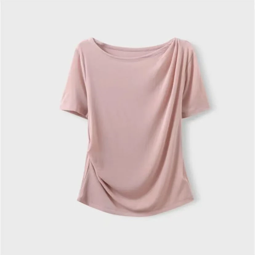 2024夏季新品气质百搭纯色显瘦简约时尚不规则女士一字肩短袖上衣