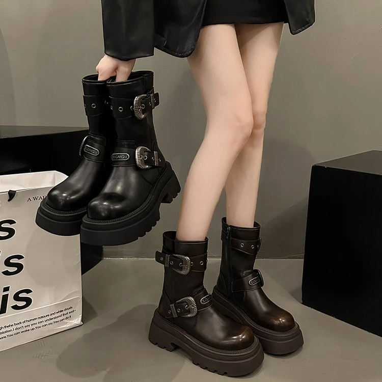 2024新款网红切尔西靴圆头厚底复古擦色高级中筒靴拉链款