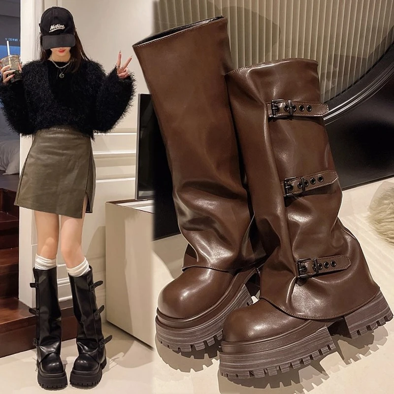 2024冬季新款时装靴圆头皮面时尚网红款洋气厚底裤管靴高筒靴