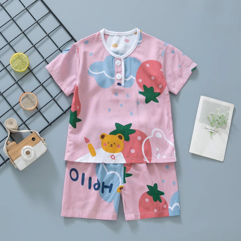 儿童绵绸睡衣套装夏季薄款女孩短袖短裤男孩夏天卡通人造棉家居服