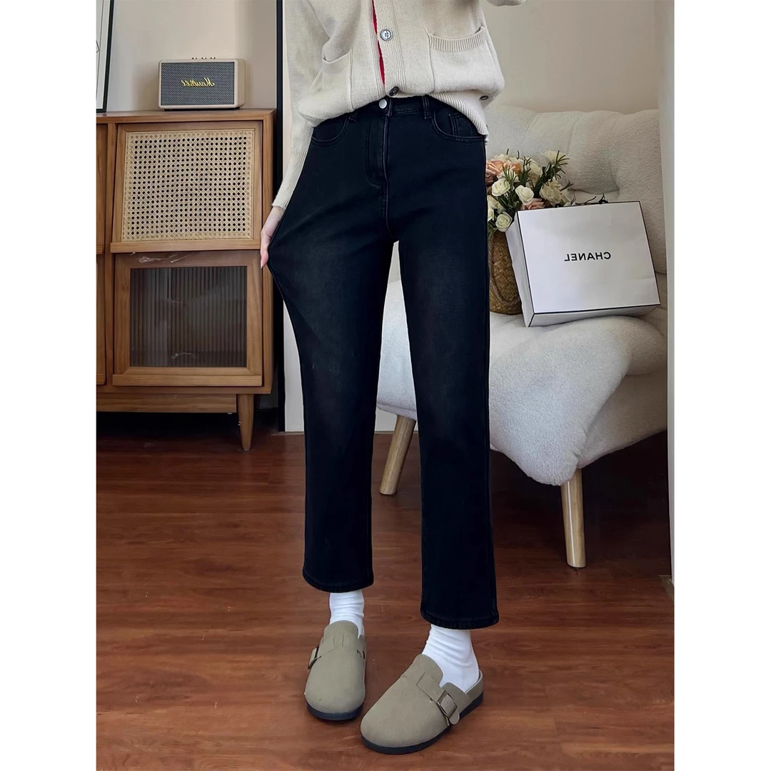 黑色弹力烟管牛仔裤女2024秋季新款加厚绒刺绣笑脸高腰九分直筒裤