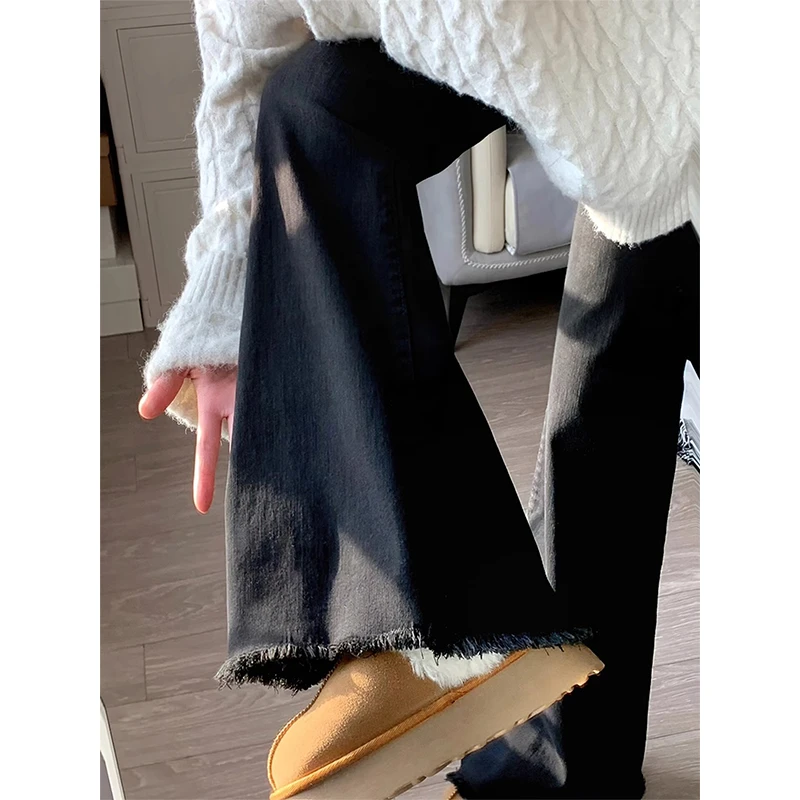 黑色微喇毛边牛仔裤女秋冬加绒胖妹妹mm高腰弹力显瘦梨形身材裤子