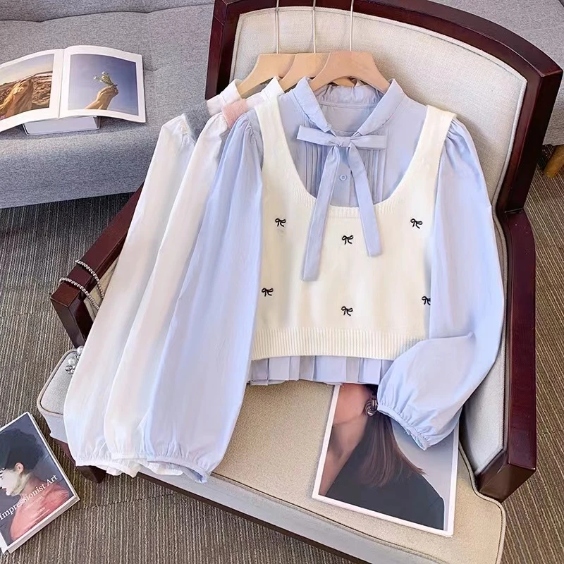 秋装新款韩版上衣学院风刺绣毛衣马甲两件套减龄时尚小个女上衣