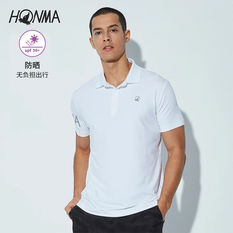 HONMA高尔夫男子POLO衫T恤防晒纽扣门襟LOGO装饰百搭弹力运动上衣