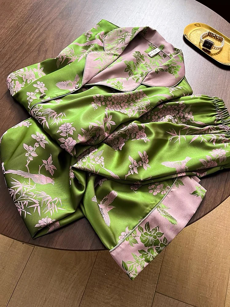 轻奢复古花卉睡衣女春夏季短袖长裤冰雪软丝高级感国风家居服薄款