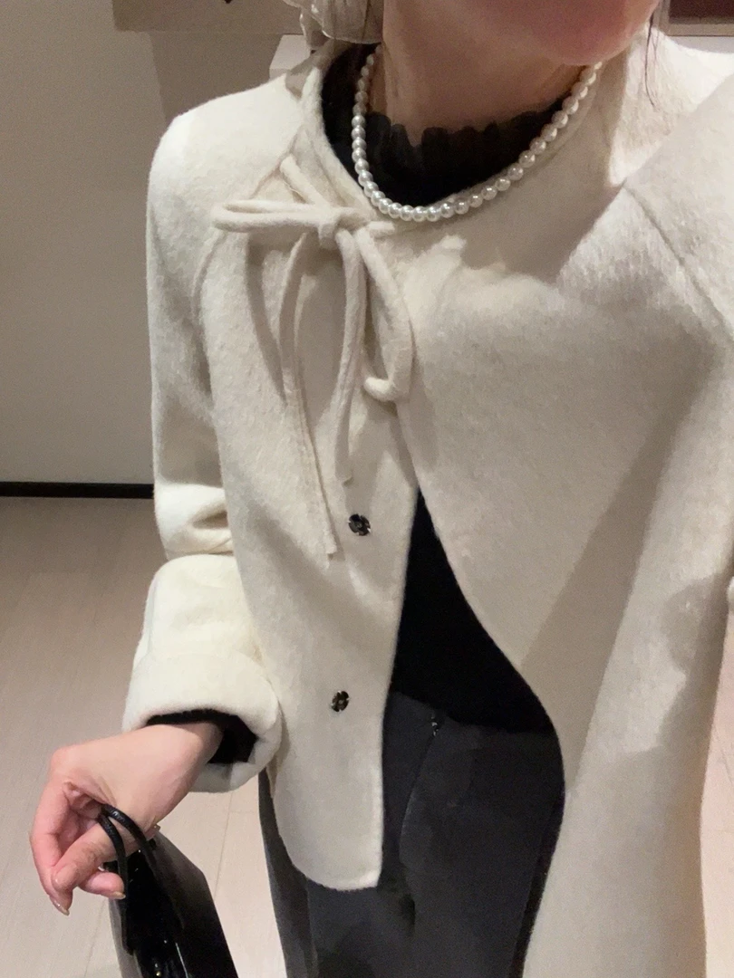 老赵服饰 圆领斜门襟系带双面呢外套 21AU2713