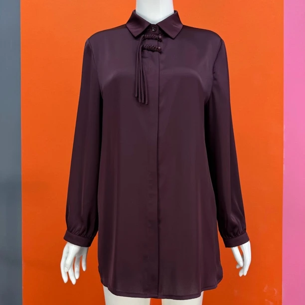 妈妈装上衣衬衫超薄长袖外套纯色大码丝滑高端缎面轻奢衬衣中长款