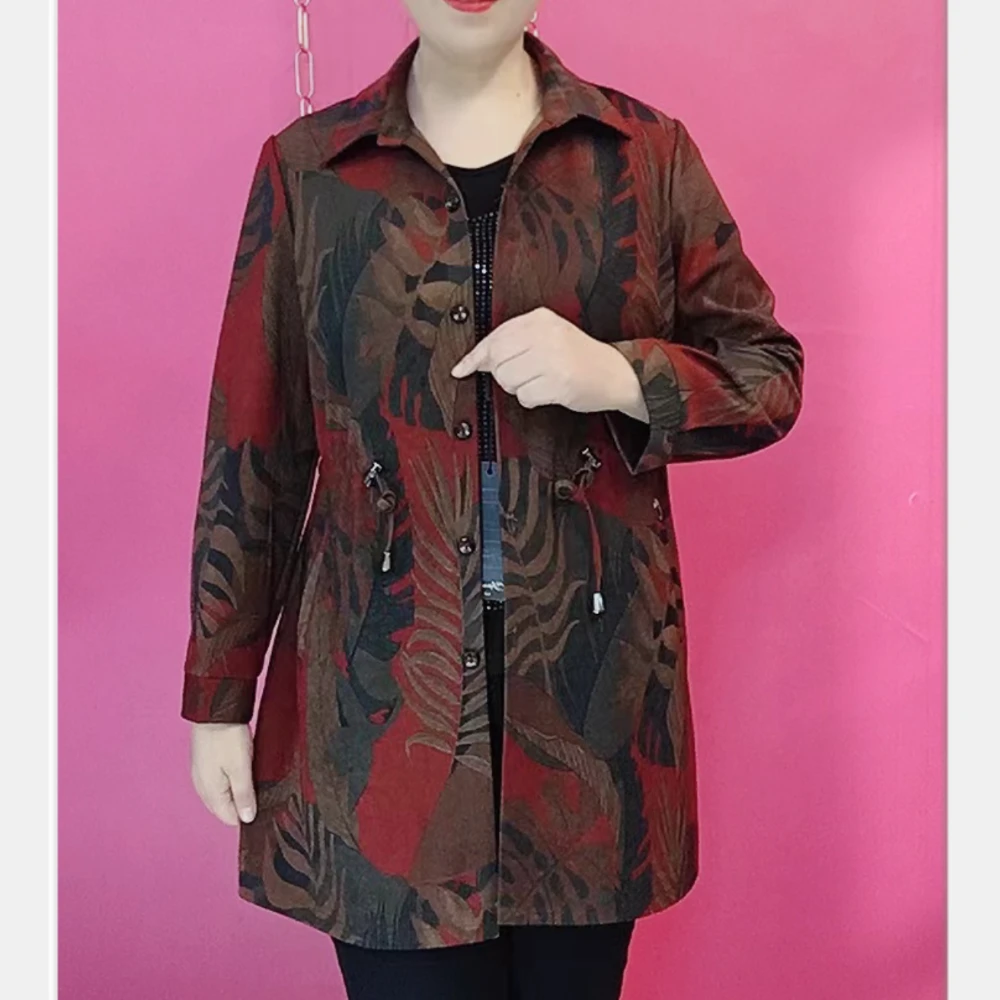 S新款翻领霸王叶花型长袖风衣外套中长款春秋中老年印花妈妈上衣