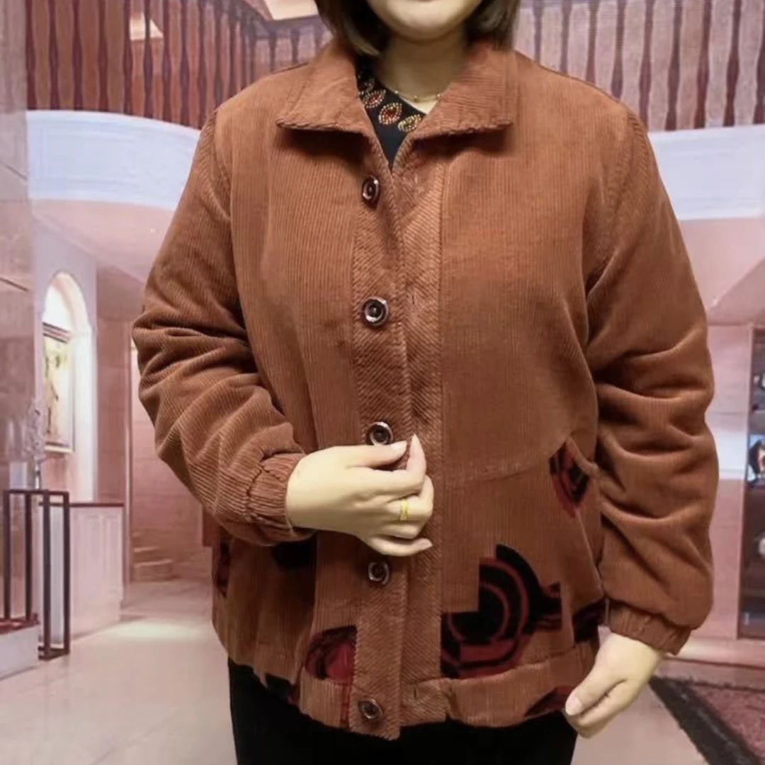 3358  新款翻领条绒保暖加绒加厚妈妈外套棉袄