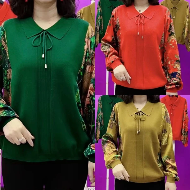 s新款翻领蝴蝶结绳花袖双拼女衫妈妈装长袖小衫女装春秋洋气秋季