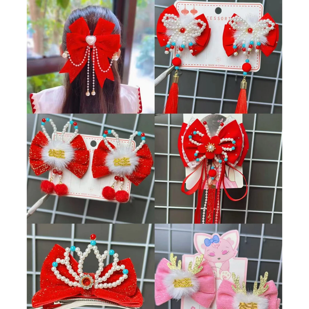 儿童新年爆款纯手工古风飘带发饰可爱甜美对夹 3-6岁超仙发夹头饰