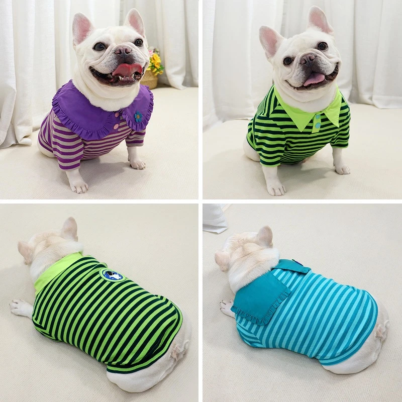 秋冬新品法斗巴哥斗牛犬衣服胖狗博美条纹弹力短袖T恤可爱POLO衫