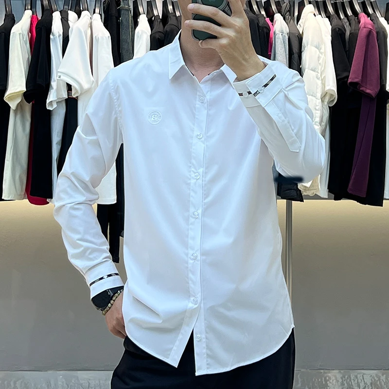 关先生男装24男士秋季新款上衣品质百搭翻领纯色长袖修身男款衬衫