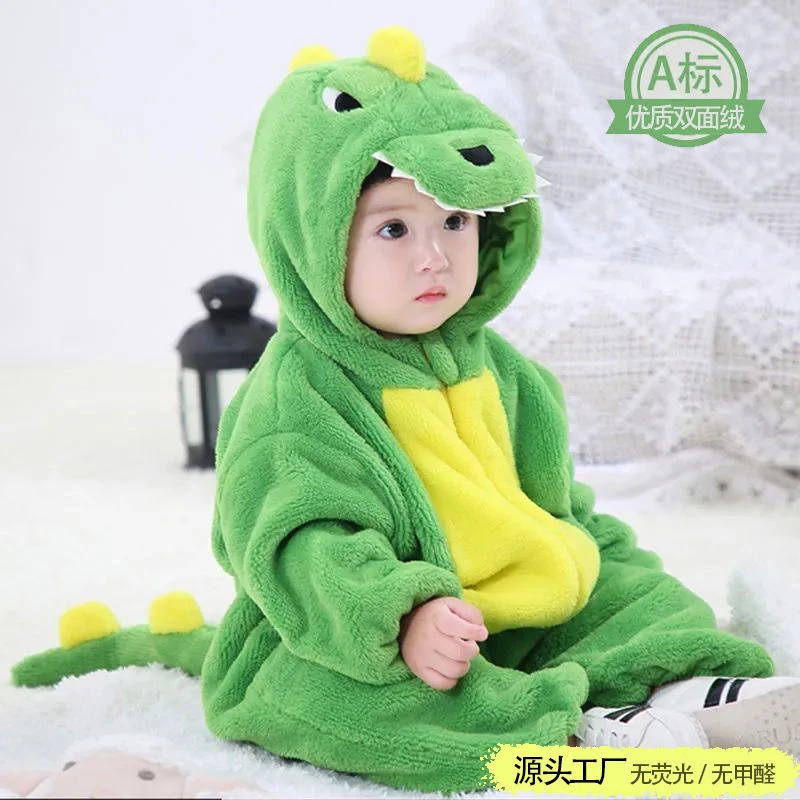 婴幼儿猫卡通睡衣秋冬宝宝恐龙连体衣居家网红新生儿爬服秋冬套装