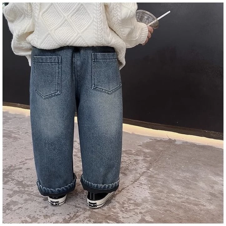 儿童一体绒牛仔裤男童装加厚保暖长裤冬款韩版休闲加绒裤子洋气潮