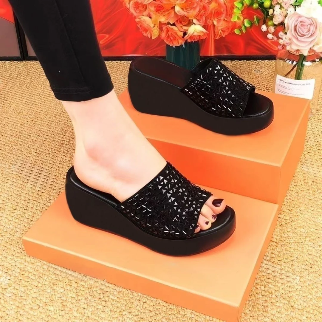 【真皮厚底】百搭2024夏季外穿软面舒适防水软底亮片拖鞋-珍