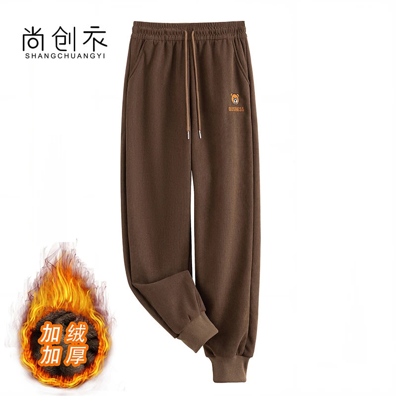秋冬哈伦裤女灯芯绒小熊刺绣加绒加厚休闲宽松时尚百搭运动裤