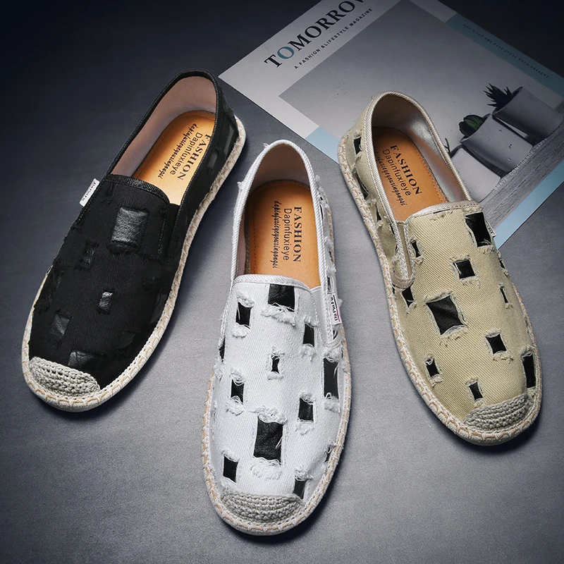 夏季新款懒人乞丐鞋一脚蹬渔夫鞋男百搭潮流破洞休闲老北京布鞋