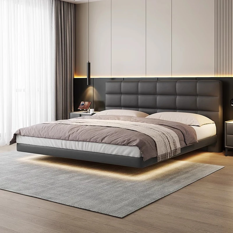 劳伦斯悬浮床简约带灯真皮床轻奢双人床主卧小户型婚床储物大床