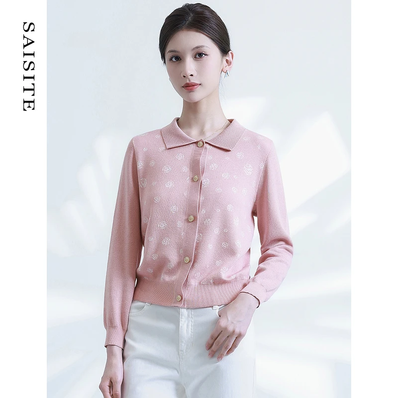 赛斯特翻领提花春季女装上衣长袖百搭时尚气质长袖针织衫H202329