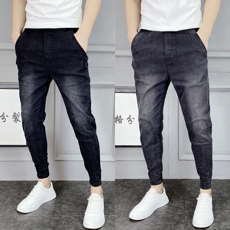 男裤休闲牛仔裤秋季新款潮流拼接小脚裤青年修身弹力百搭哈伦裤子