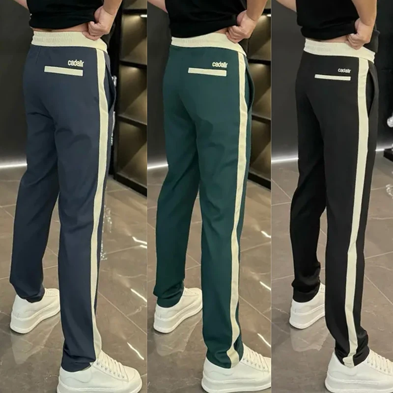 男士欧货针织卫裤秋季新款轻奢条纹拼接运动裤潮牌百搭宽松休闲裤