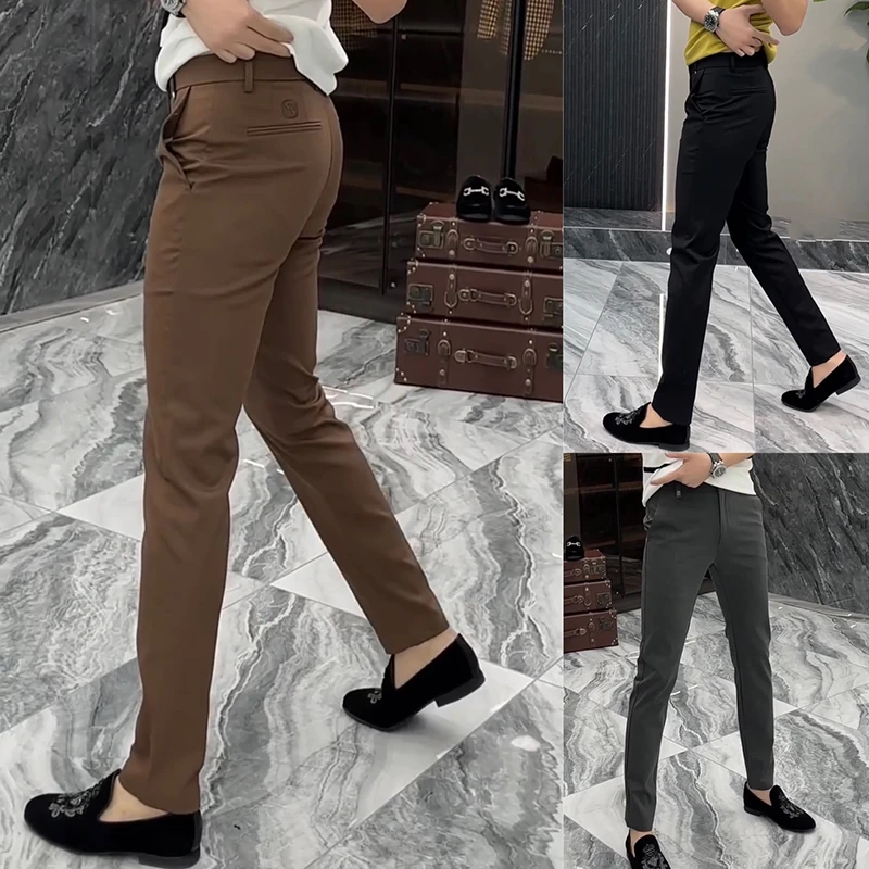 欧货刺绣休闲裤男士秋季新款高端商务修身小西裤纯色百搭简约长裤