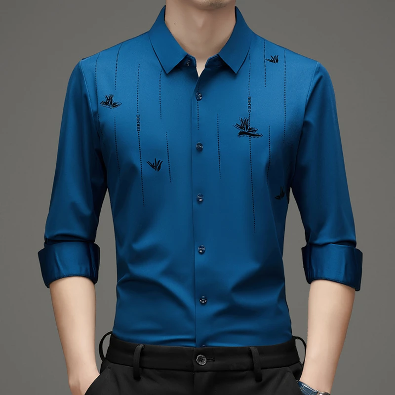 男士秋冬季无痕高档衬衣轻奢长袖衬衫宽松百搭高弹力免烫商务上衣