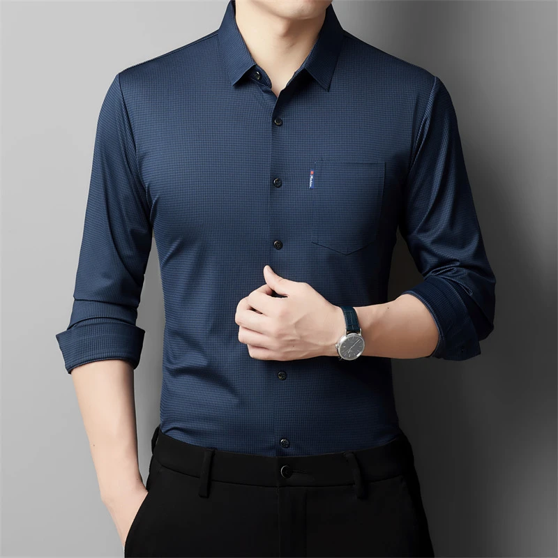乡予男士口袋长袖衬衫条纹秋冬季无痕高弹力高档免烫商务衬衣上衣