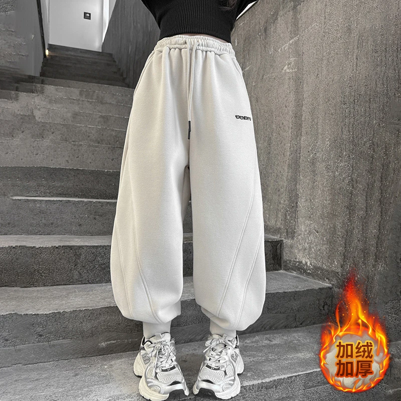 女童加绒卫裤2024新款洋气时尚弯刀裤中大童6-12岁女孩保暖冬款裤