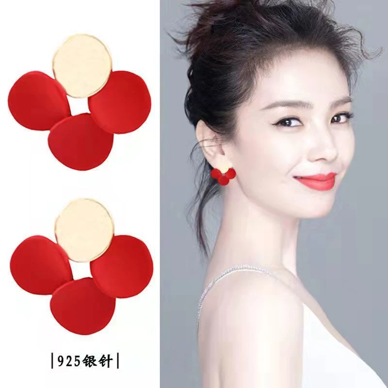 红色耳环925银针网红韩国气质高级感2023年新款潮大气耳钉女精致
