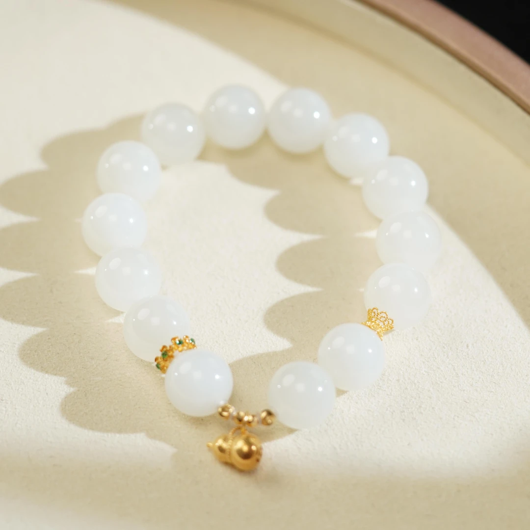 【之七珠宝】和田玉羊脂白圆珠+18k金手串 卡12mm气质轻奢百搭女士