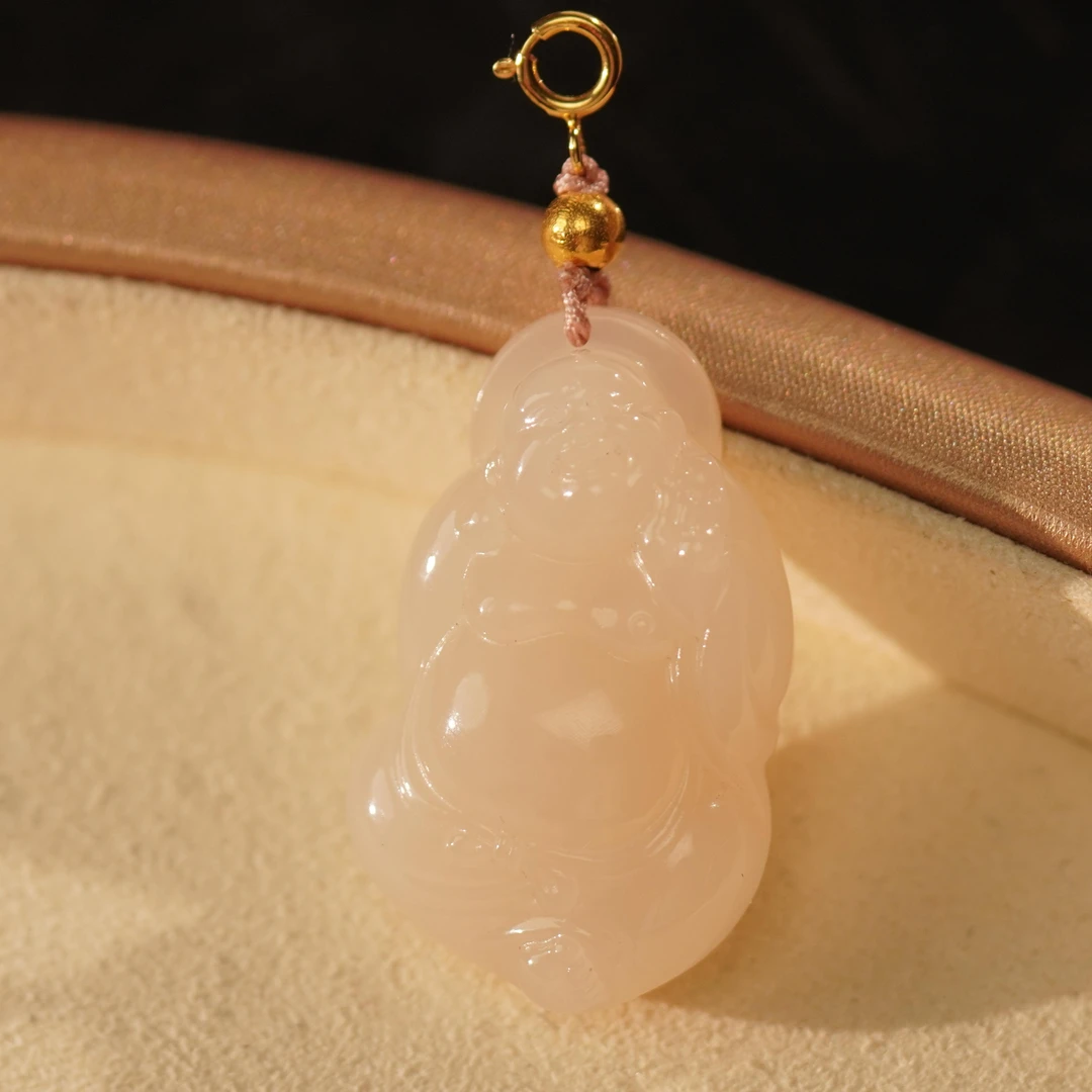 【之七珠宝】和田玉藕粉逍遥佛+18k金镶嵌吊坠 卡33*20*10.5mm