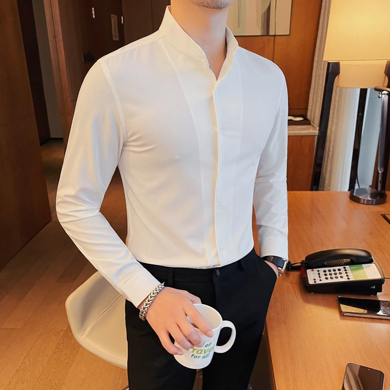 秋季男士衬衫商务休闲痞帅黑白色免烫衬衣高端立领男式长袖寸衫