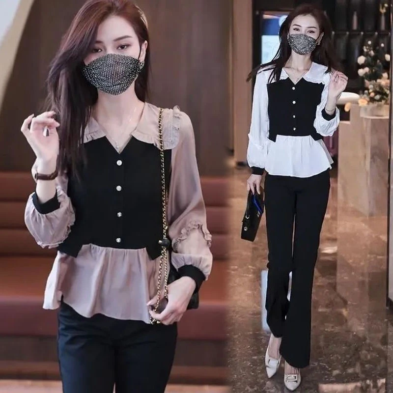 假两件衬衫女秋装新款减龄显瘦上衣遮肉大码洋气时尚气质小衫套装