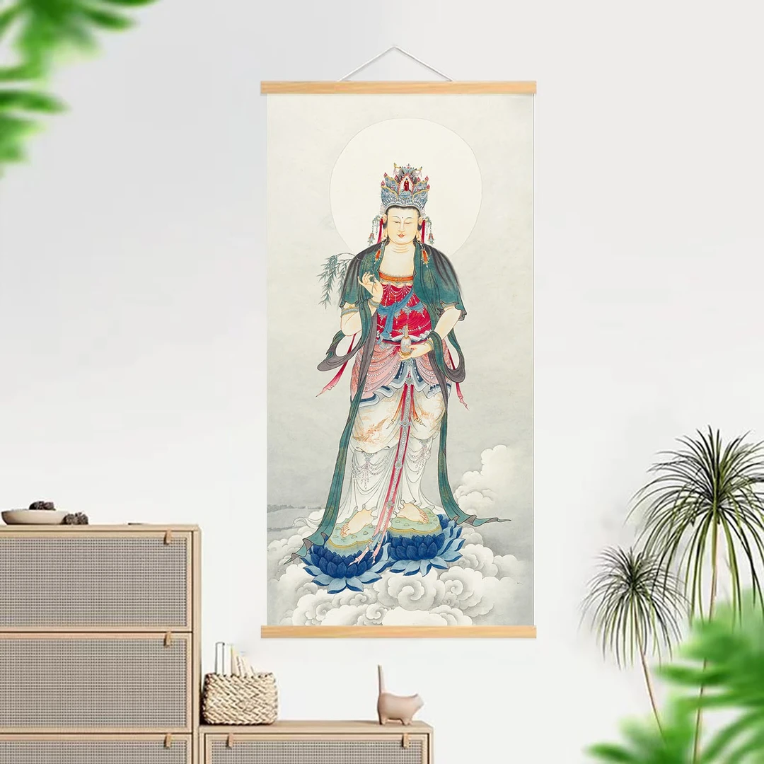 新中式装饰挂画[025蓝莲观音]无纺布实木家居装饰精品挂画