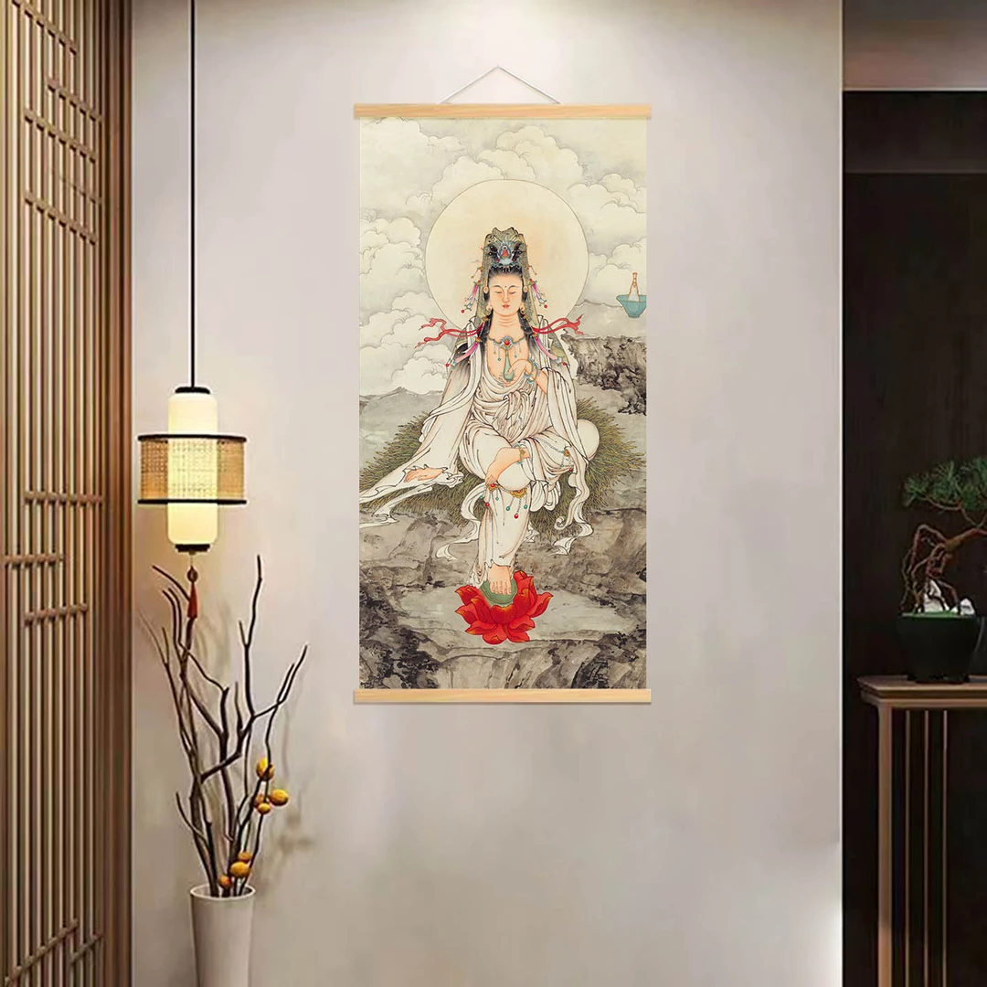 新中式装饰挂画[024红莲观音]无纺布实木家居装饰精品挂画