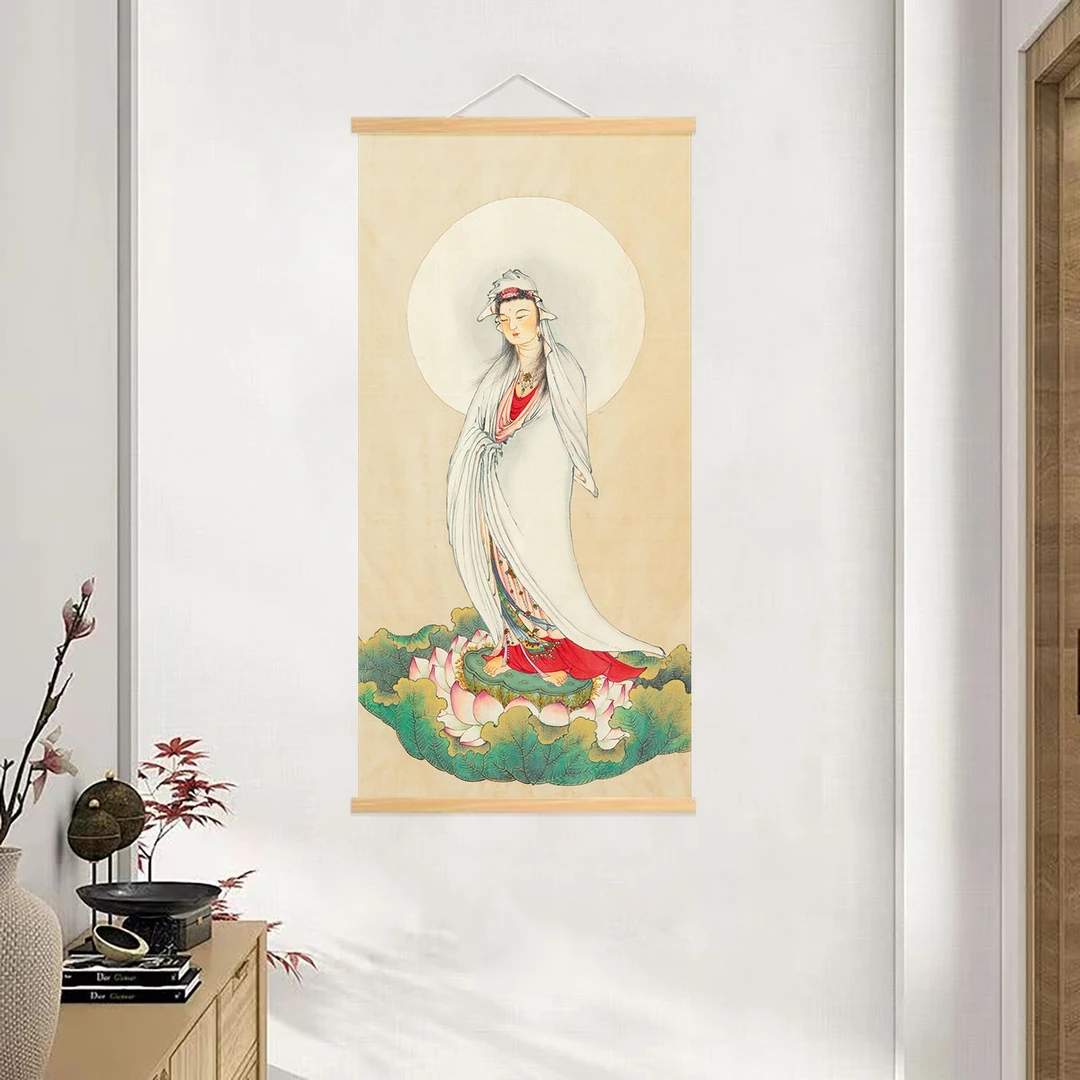 新中式装饰挂画[027荷叶观音]无纺布实木家居装饰精品挂画