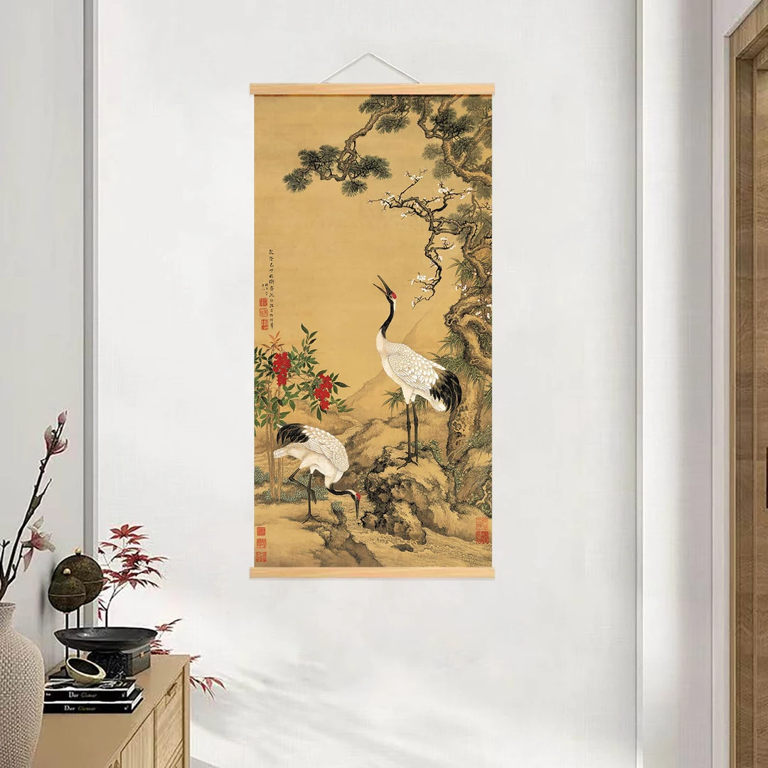新中式装饰挂画[079松梅双鹤]无纺布实木家居装饰精品挂画