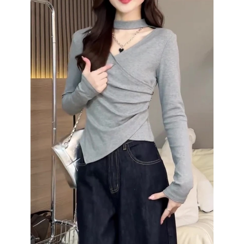 HanYisu 挂脖v领不规则收腰开叉长袖打底衫女显瘦2024新款秋上衣
