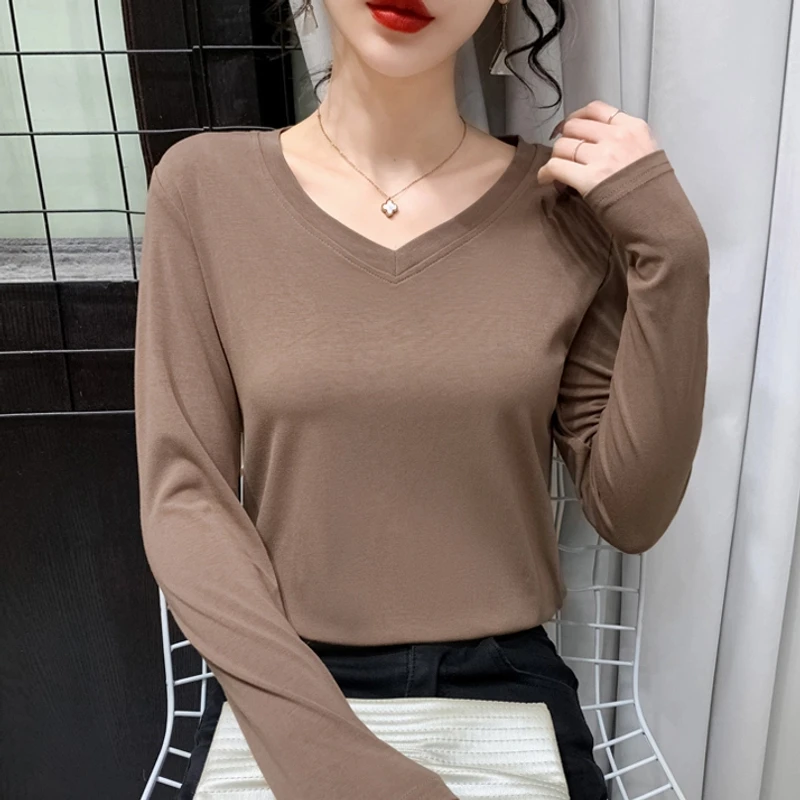 V领长袖打底衫内搭纯色鸡心领T恤女秋冬新款遮肉显瘦百搭洋气上衣