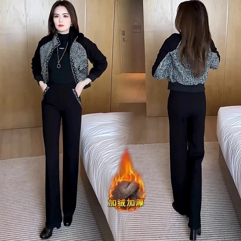 加绒加厚休闲运动套装女秋冬新款洋气质小香风短外套阔腿裤两件套