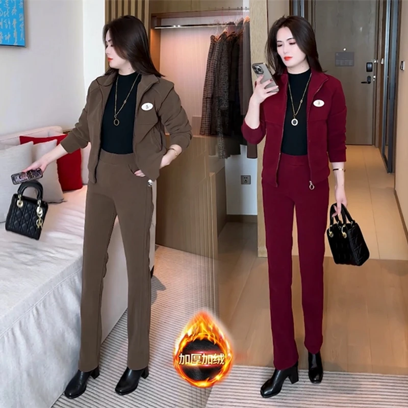 秋冬季新款时尚穿搭气质休闲宽松显瘦加绒加厚套装